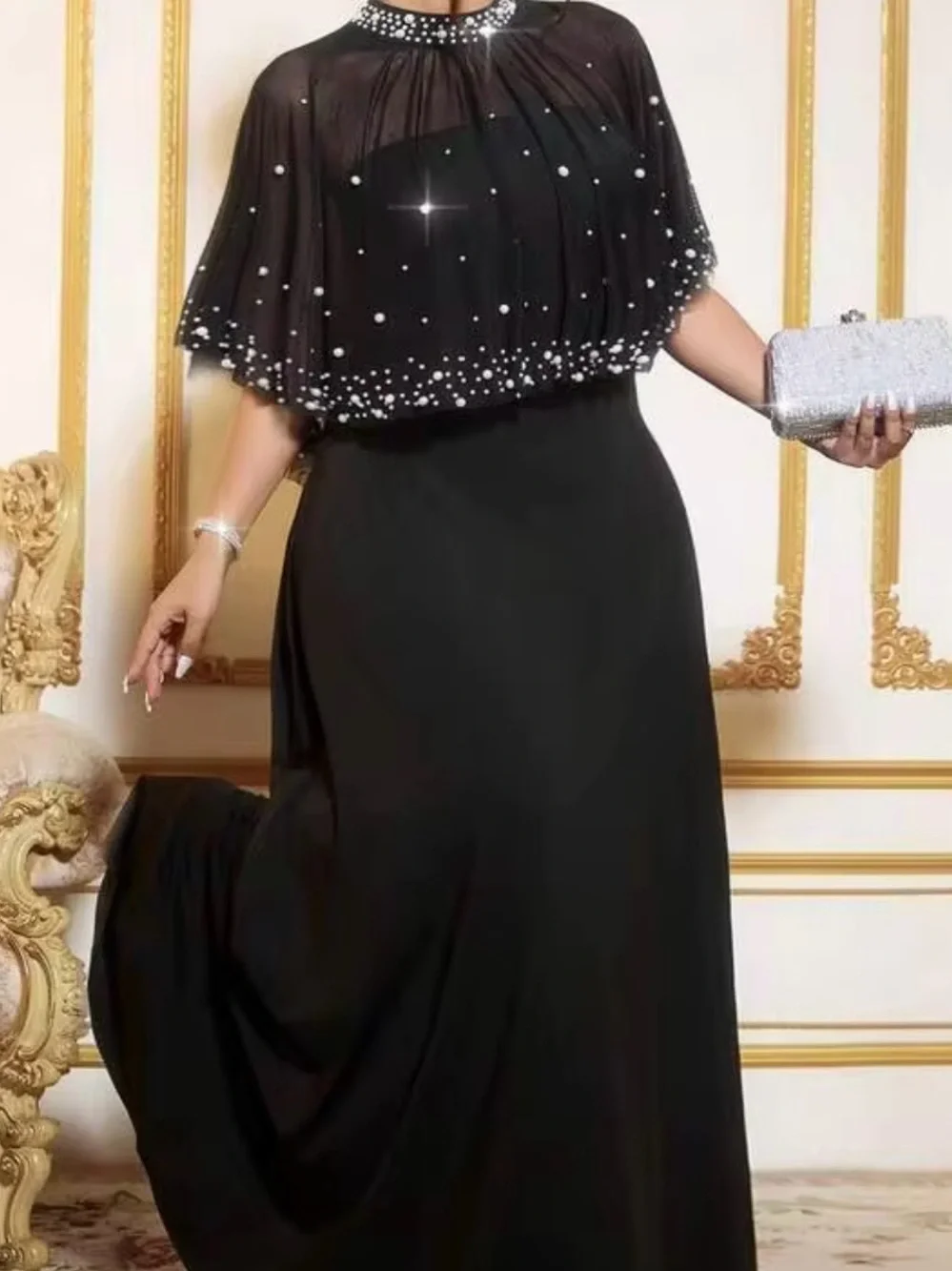 Elegant Black Pearl-Embellished Maxi Skirt Set